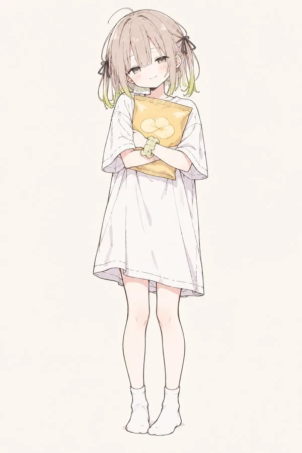 でかい白Tシャツで ポテチの袋を かかえた ぽてむし