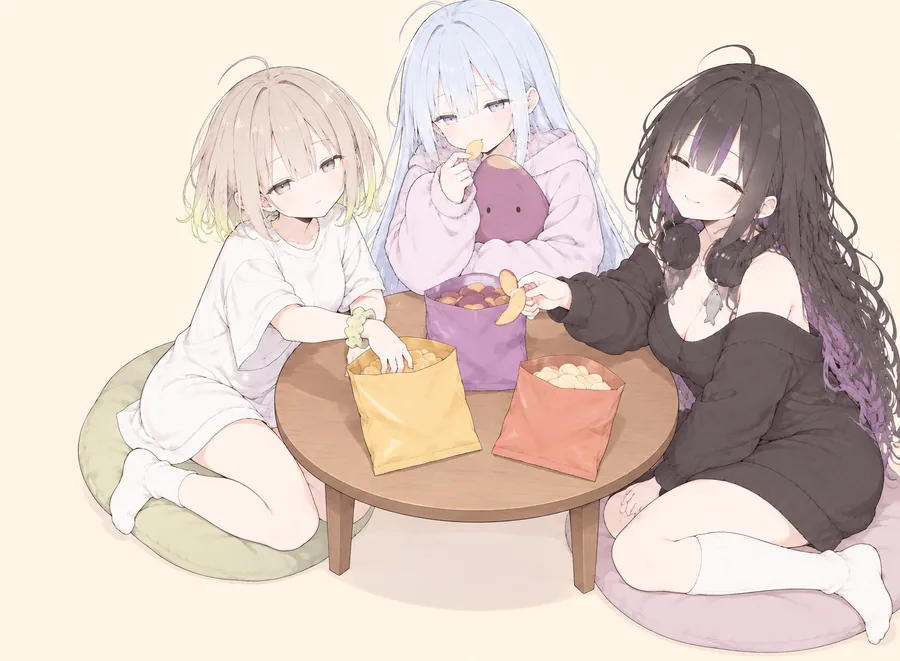 ちゃぶ台を かこんで おやつを 食べる 3人